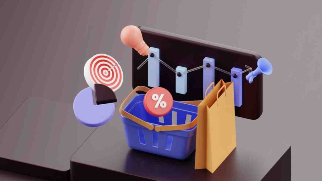 Price products for an online store: 3D shopping basket with discount tag, bar chart, pie chart, target and megaphone
