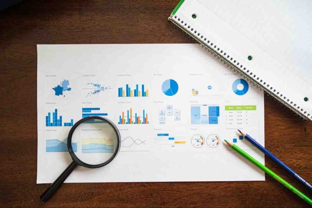 Magnifying glass over printed charts and graphs, showing data analysis for keyword research for beginners