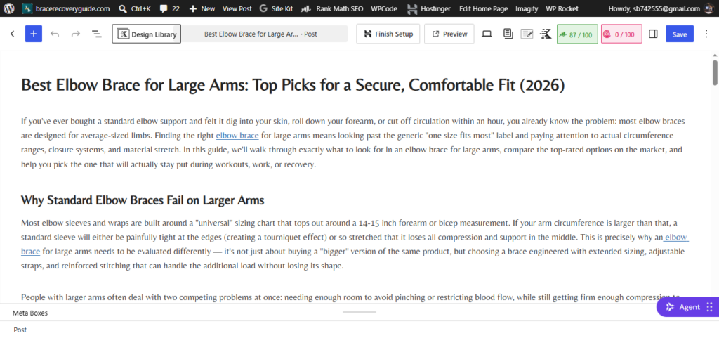 bracerecoveryguide seo case study - WordPress editor showing the Best Elbow Brace for Large Arms article in progress