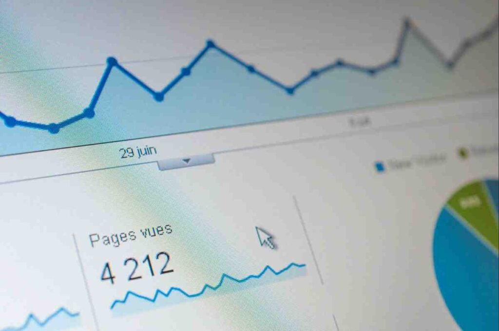 Analytics dashboard with a rising traffic line graph and page views, tracking SEO vs PPC small business results