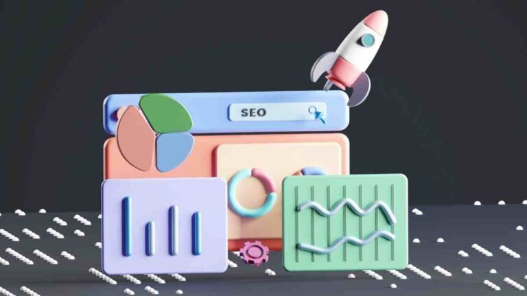 3D illustration of SEO vs PPC small business strategy with a search bar, analytics charts, and a growth rocket