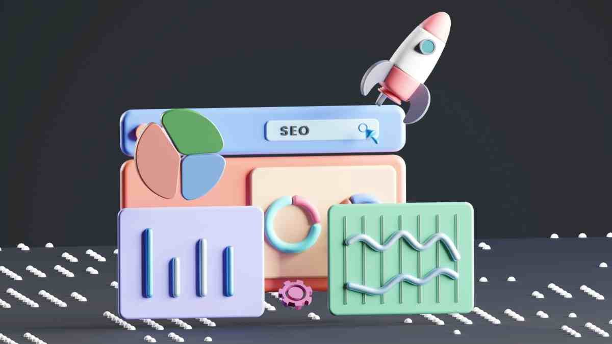 3D illustration of SEO vs PPC small business strategy with a search bar, analytics charts, and a growth rocket