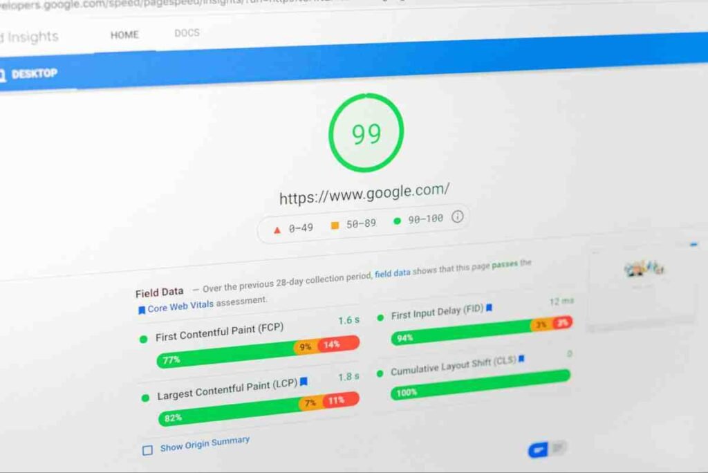 PageSpeed Insights score of 99 showing a healthy site that supports off-page SEO strategies