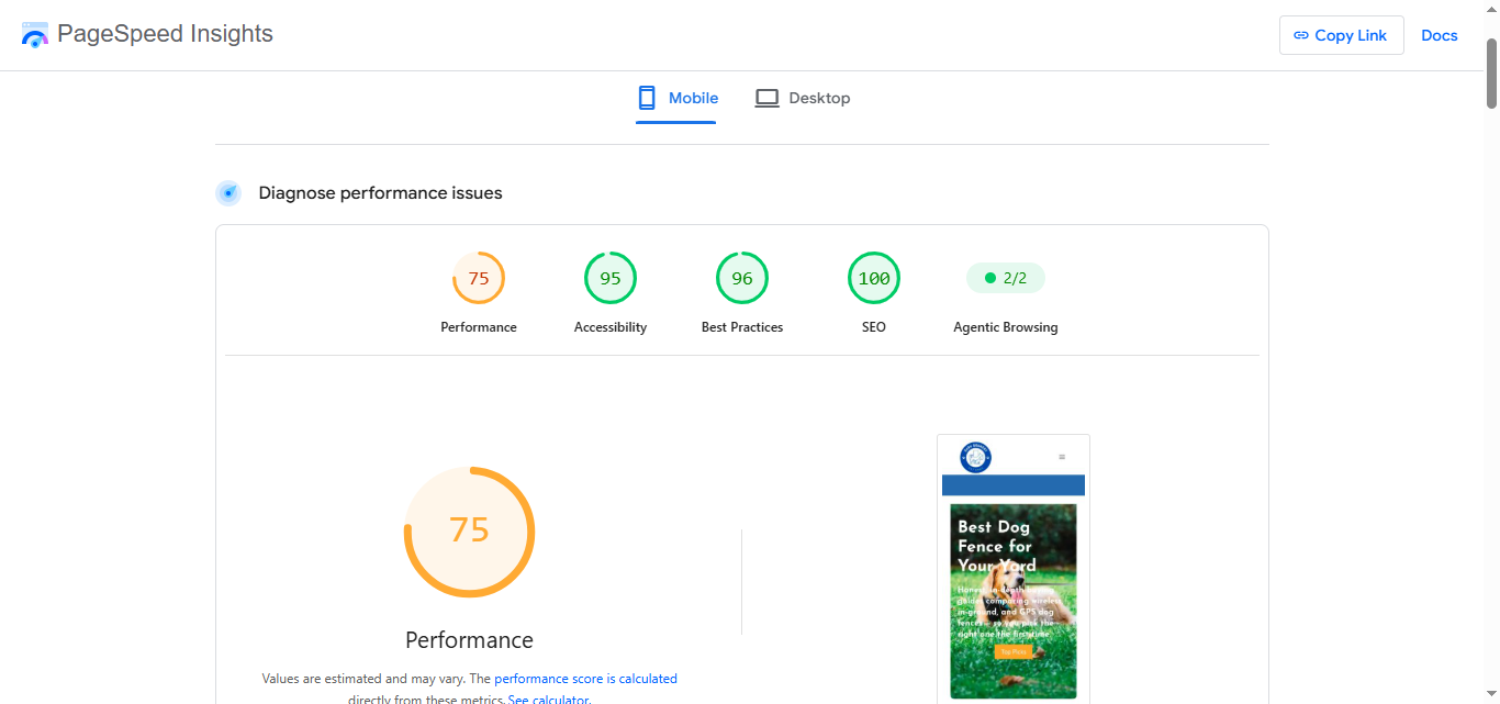 PageSpeed Insights mobile report showing a 75 performance score to improve Core Web Vitals on a dog fence website